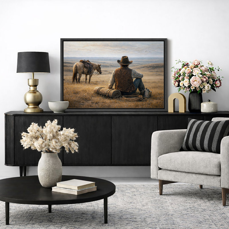 Cowboy et cheval, H 16 po x l 24 po x P 1,5 po, Cadre noir