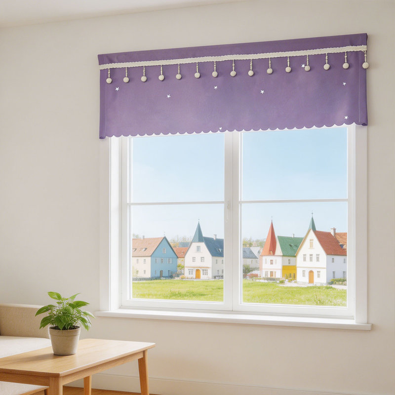 Purple Star Print Pom Pom Valance Curtain, Single Panel Light Filtering Window Valance With Scalloped Edge, L 91 po x L 18 po