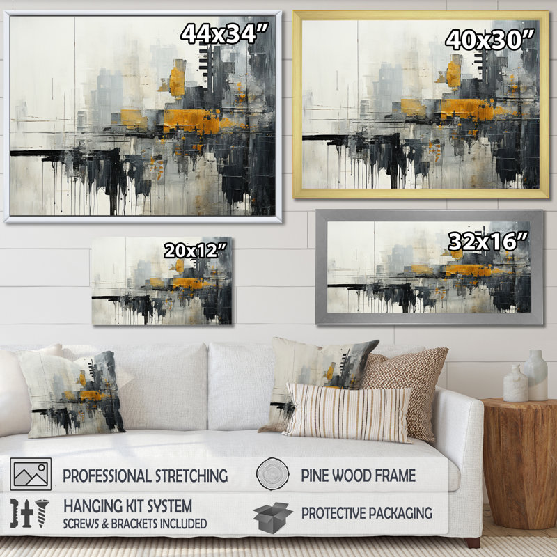 Paysage urbain abstrait III - Collages abstraits, art mural, Cadre doré simple, H 12 po x l 20 po x P 1 po