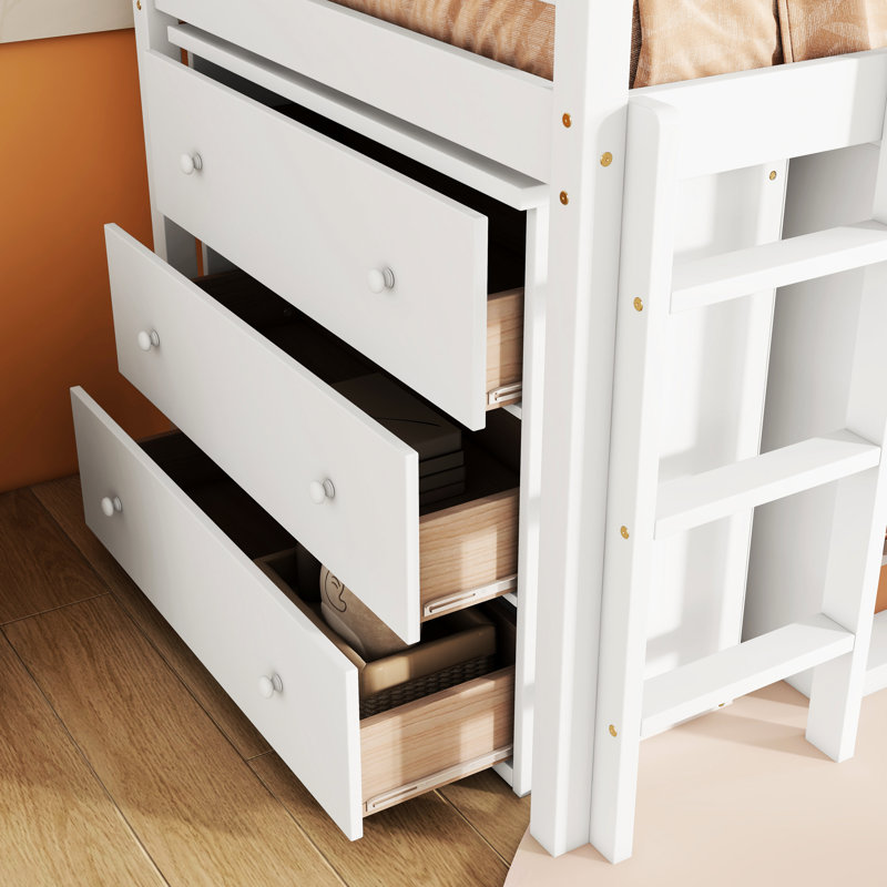 Lit mezzanine simple avec rangement et bureau, finition blanche, structure en bois d'hévéa, Blanc