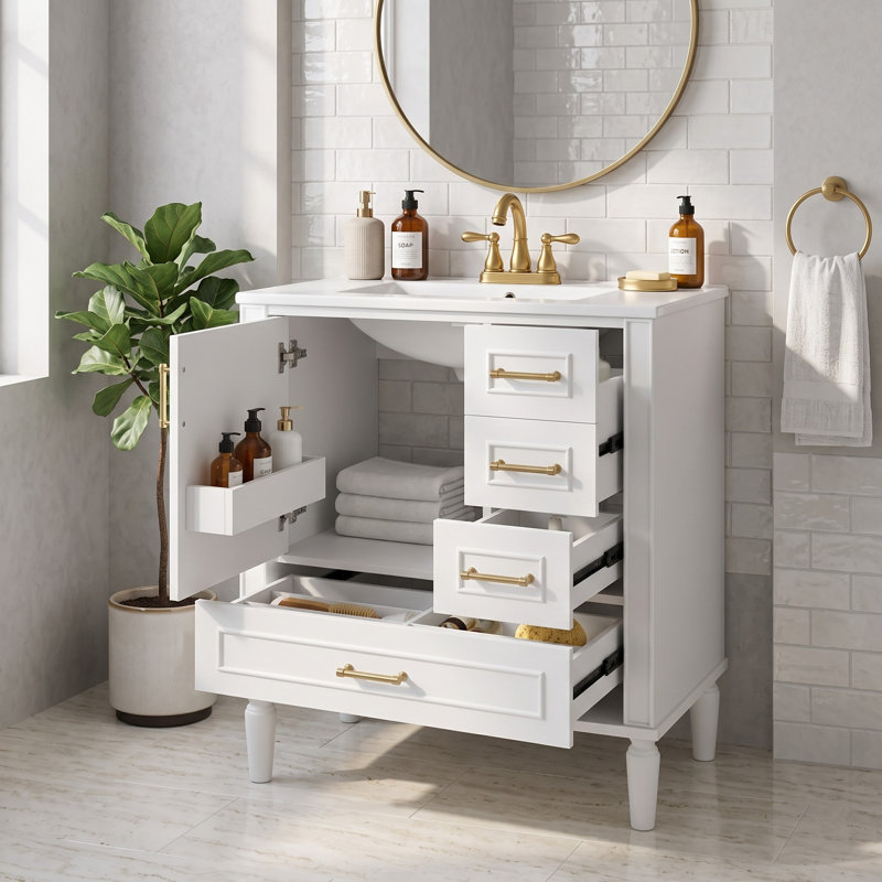 Meuble-lavabo autoportant de 91 cm de largeur avec tiroirs profonds et dessus en céramique, Blanc