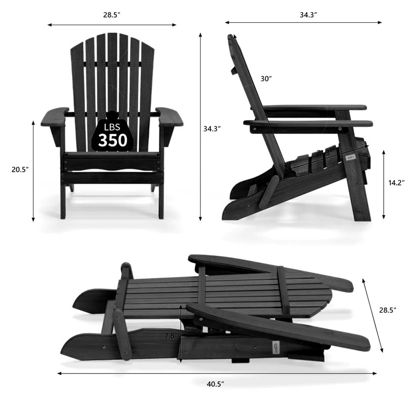 Chaise Adirondack pliante en bois massif Noyes, Noir