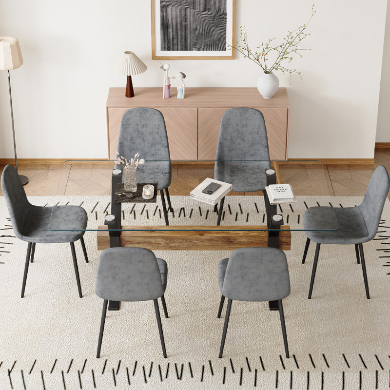 71'' Clear Glass Top Dining Table with Brown Faux Leather Chairs