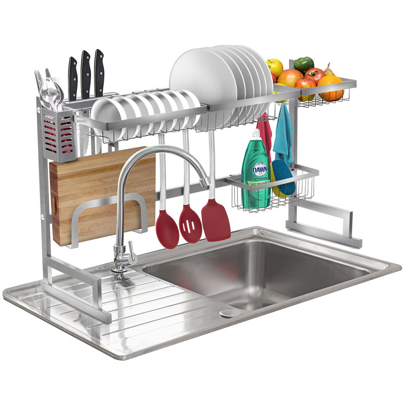 Silver Steel Over-The-Sink Dish Drying Rack with Utensil Cup