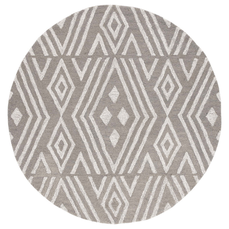 Vedika Hand Tufted Wool/Cotton Geometric Rug in Gray/Ivory, Round 5'