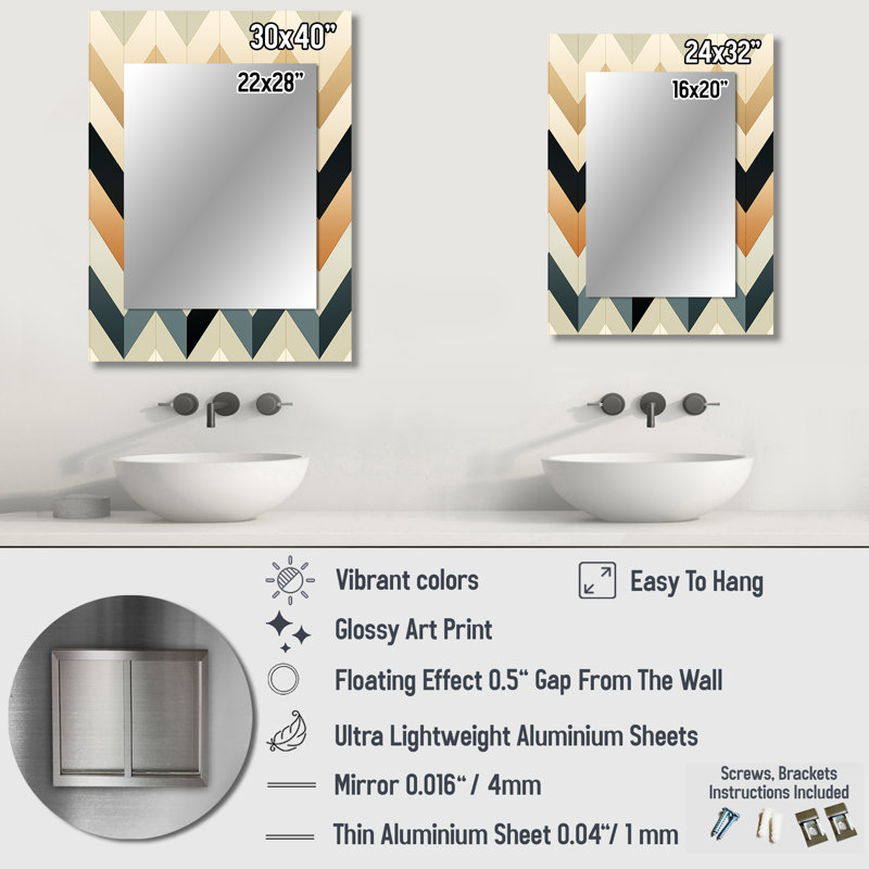 Ivory Boho Accents Chevron - chevron  Large Mirror, Chevron Decorative Wall Mirror, Printed Metal Art, 32" x 24"