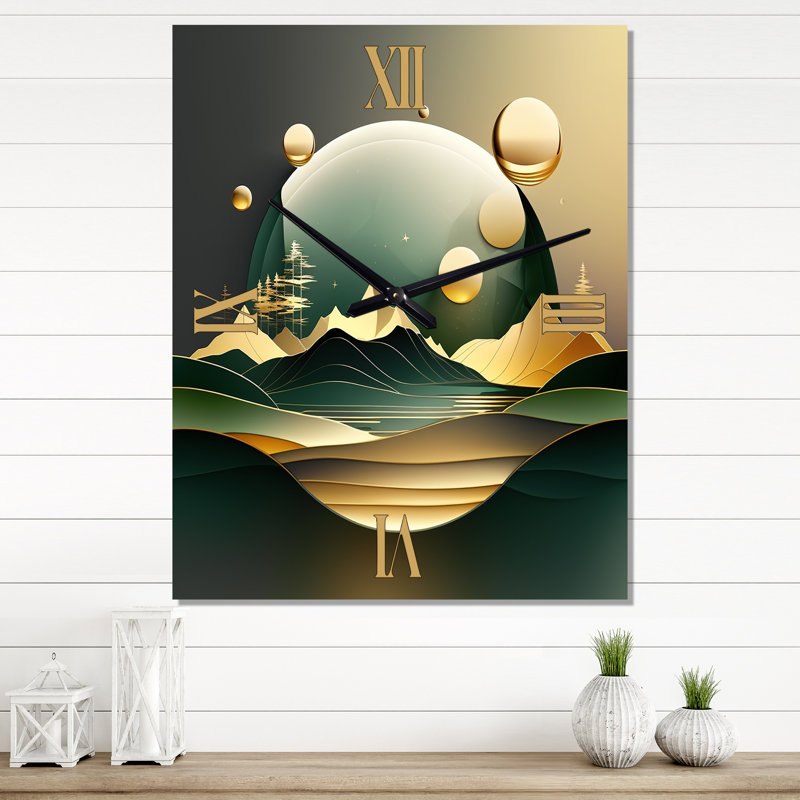 Dreamy Mountain III - Horloge murale abstraite en marbre, H 32 po x l 16 po