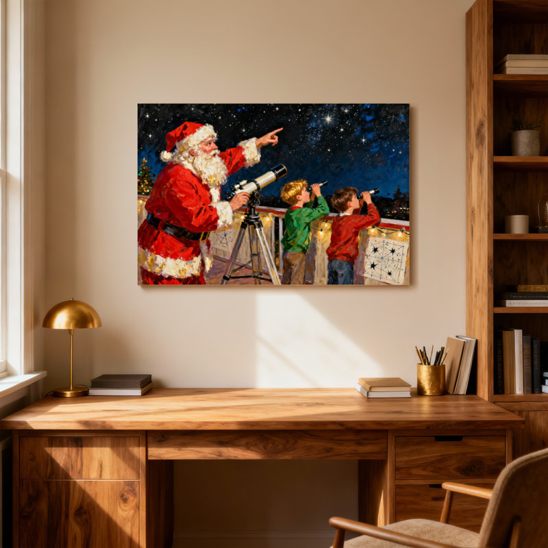 Le Père Noël observe les étoiles avec des enfants la nuit, H 16 po x l 24 po