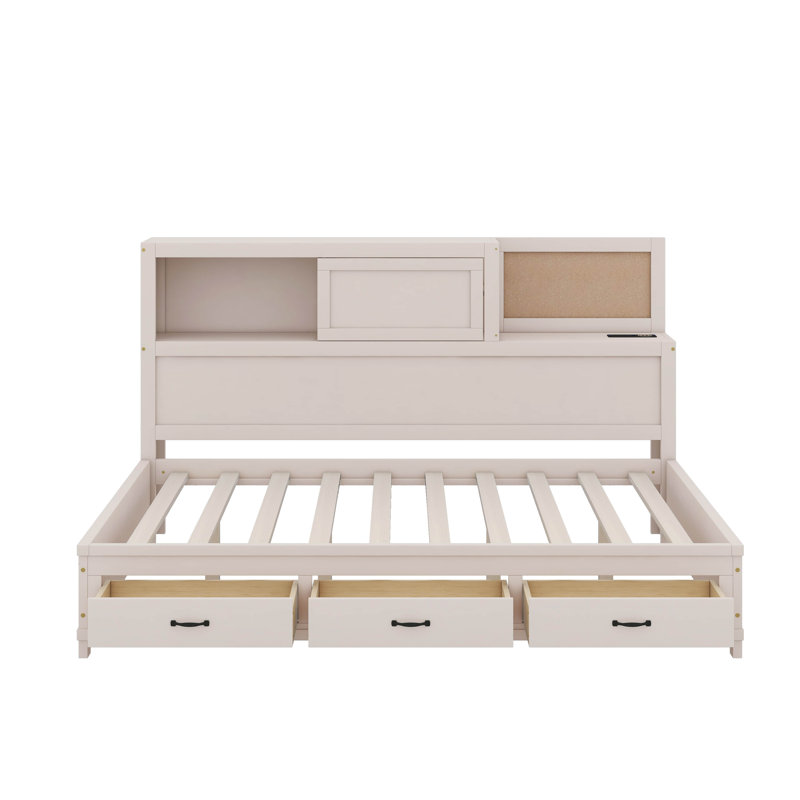 Lit de jour double en bois avec 3 tiroirs de rangement, tablette souple supérieure, tablette et ports USB, Blanc