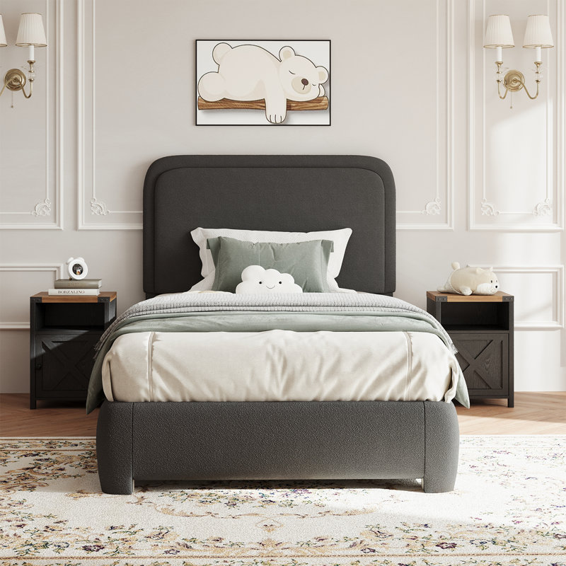 Ensemble de lit plateforme tapissier 3 pièces Bensu Boucle, Simple, Noir gris 