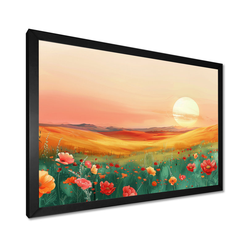 «Flower Meadows At Sunset II - Landscape Mountains», art mural, H 34 po x l 44 po x P 1,5 po, Cadre simple noir