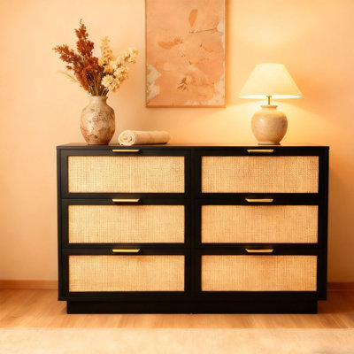 Rattan 6 Drawer Dresser, 47in Wide 6 Chest of Drawers with Metal Handles and Wooden Sturdy Base for Bedroom Living Room Nursery Closet by Mercer41