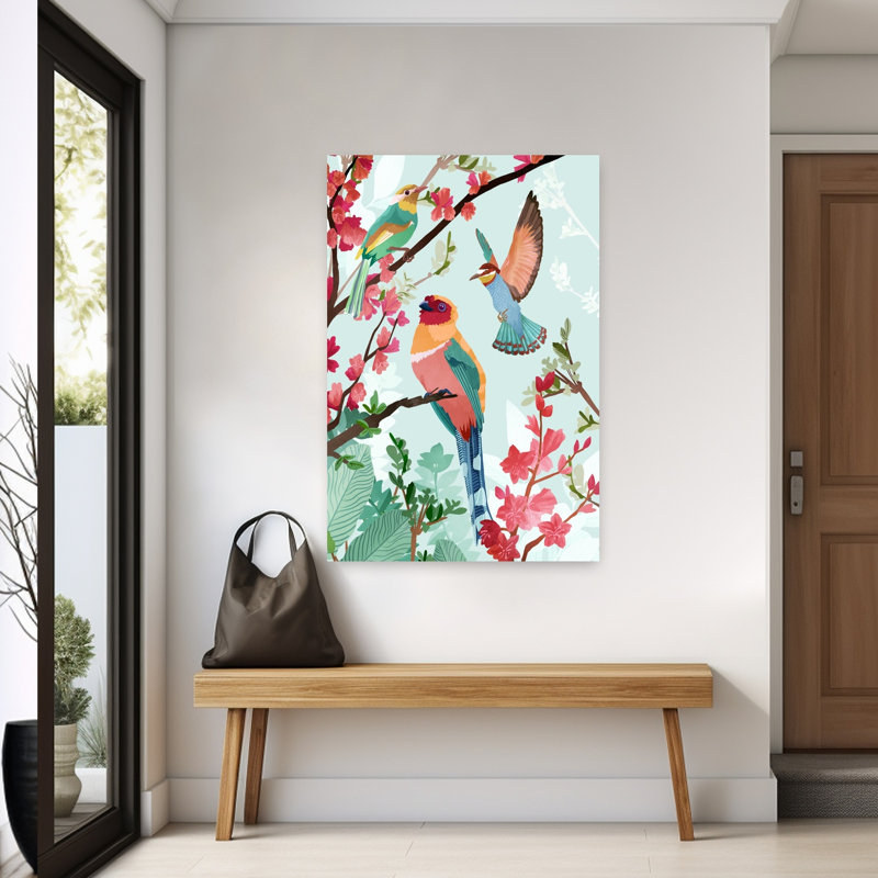 Art contemporain avec colibri abstrait et coloré, H 60 po x l 40 po