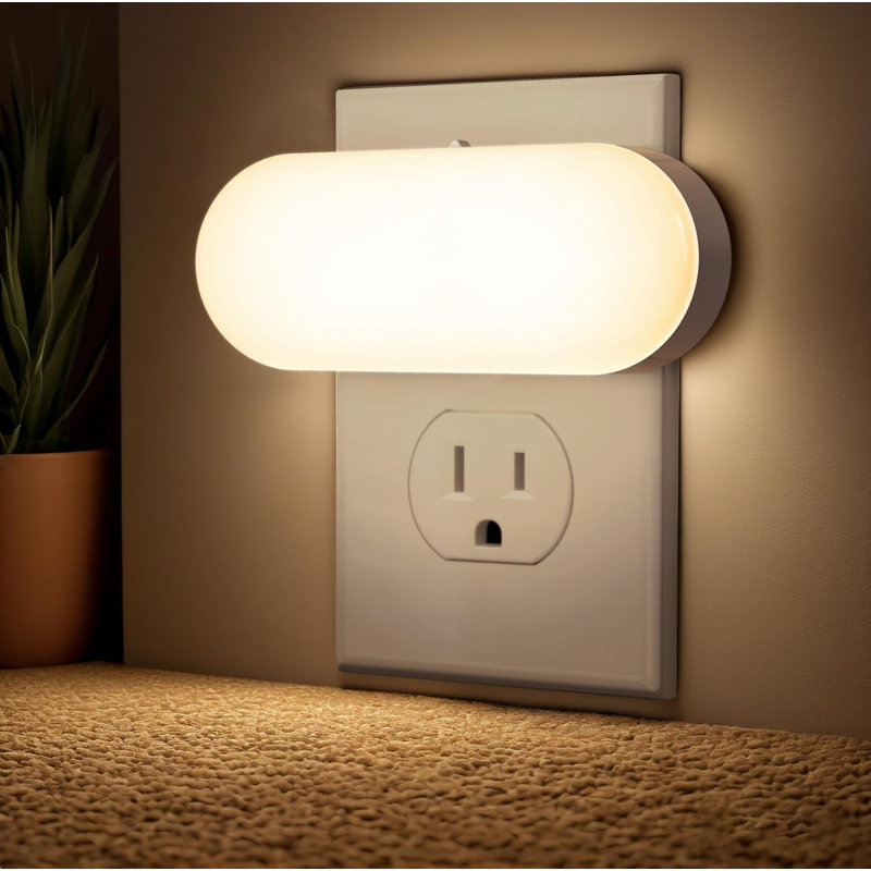 Square Wall Light Black Plug-In Night Light With Light Sensor, 3000K Warm White, Sliding Dimmer