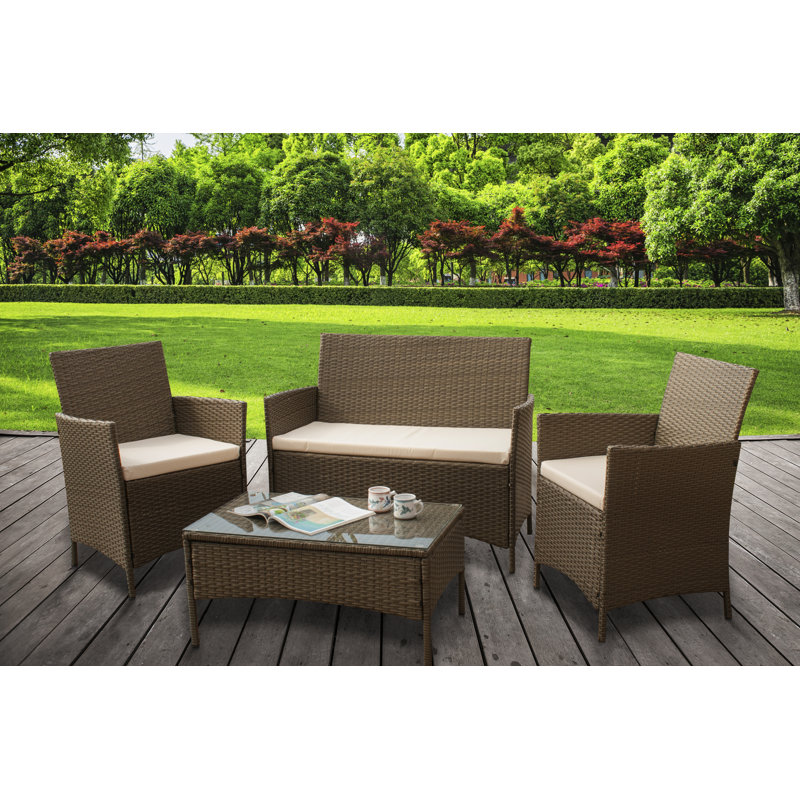 Gaubert Rattan 4 Seater Corner Sofa Set with Cushions, Brown