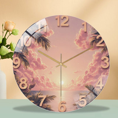 Clock Numbers Tropical Sunset Scene Art - 12'' Modern Glass Wall Clock