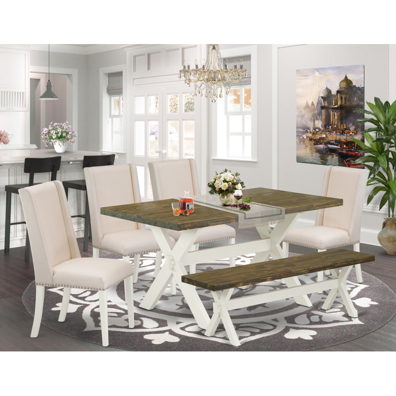 6 Piece Modern Dining Table Set Contains a Rectangle Wooden Table with X-Legs and 4 Blue Linen Fabric Parson Chairs with a Bench, Wire Brushed Black Finish