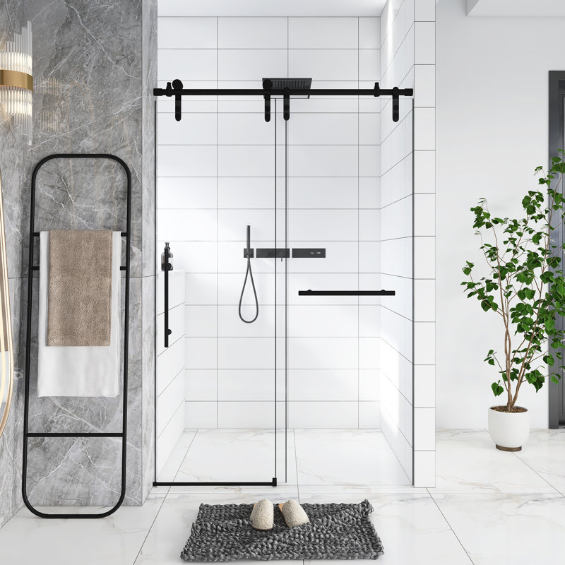 Porte de douche coulissante sans cadre l 44 à 48 po x H 76 po, verre trempé transparent de 5/16 po (8 mm), cadre en acier inoxydable, noir mat