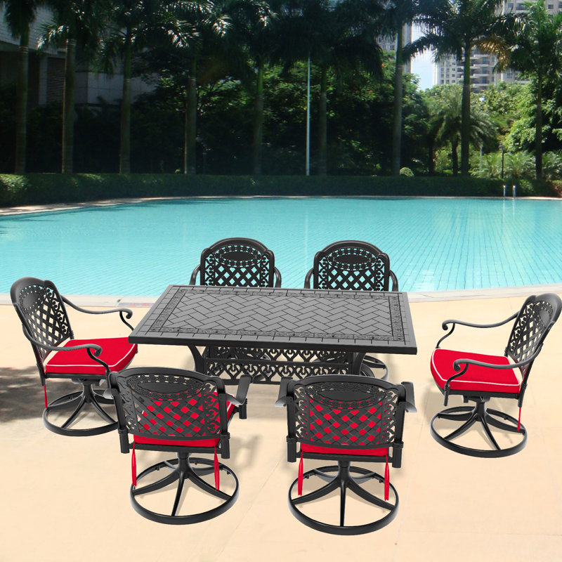 7 repas d'extérieur - 6 chaises pivotantes en aluminium et une table rectangulaire pour faire face aux défis