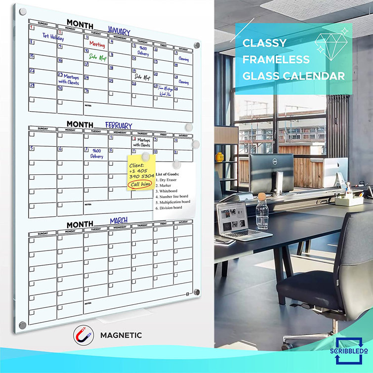 Whiteboard Calendar - Glass Board Monthly Calendar - 46 X 34 - Large Wall  C