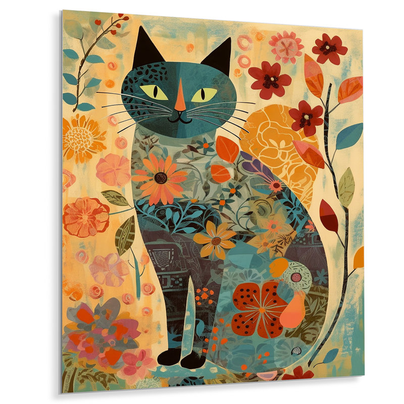 Boho Cat Flower Collage - Art mural chat, H 20 po x l 12 po x P 1 po, Métal métal