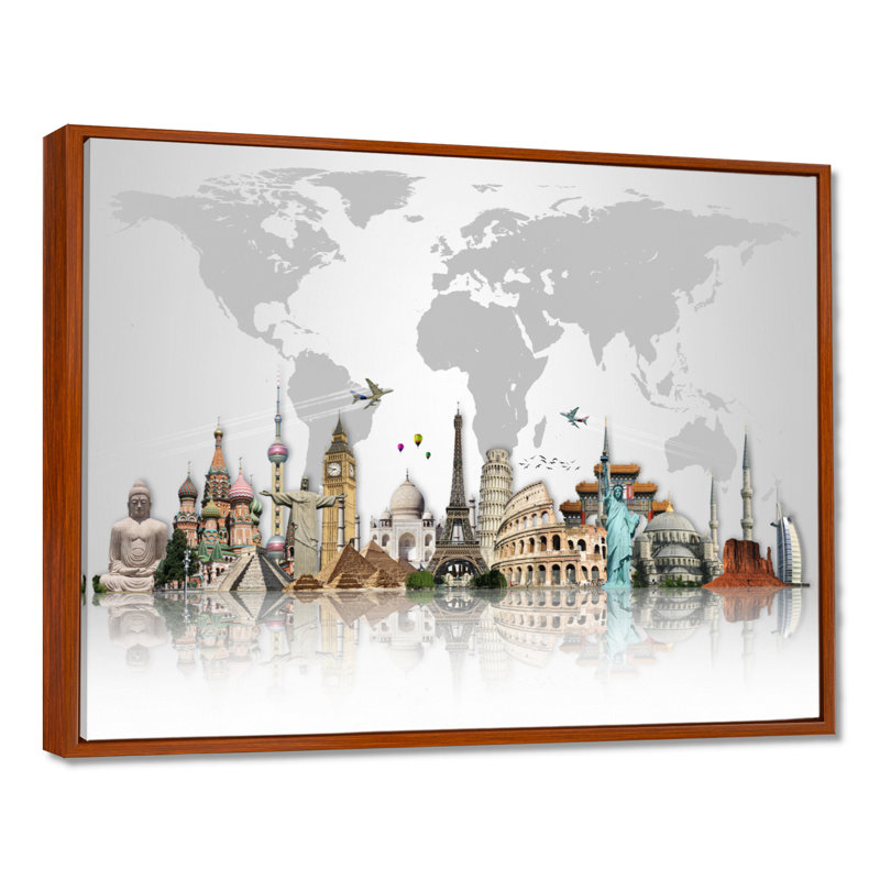 « Famous Monuments Across World », reproduction d'art graphique, Reproduction avec cadre flottant, Brun, H 24 po x l 32 po