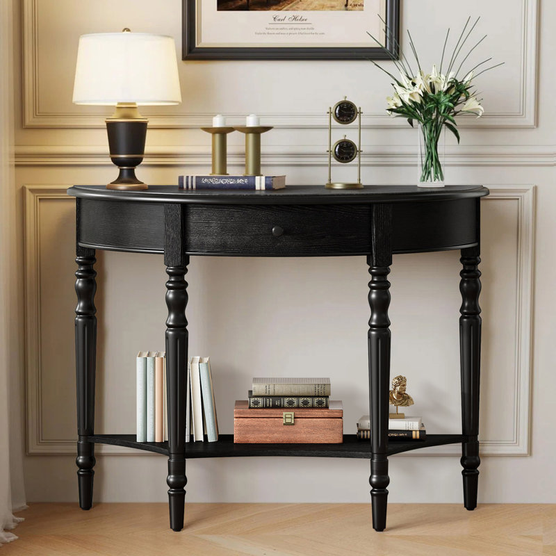 Console rustique demi-lune avec tiroir et tablette, Noir