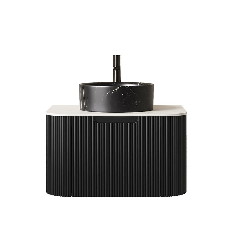 Meuble-lavabo de salle de bain, meuble de rangement rayé à bords arrondis avec tiroir, vasque ronde en pierre noire et plateau en pierre frittée blanc de Carrare, pré-assemblé