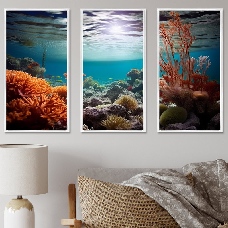 Ensemble de décorations murales corail sous l'eau, H 40 po x l 60 po x P 1 po, Cadre flottant blanc