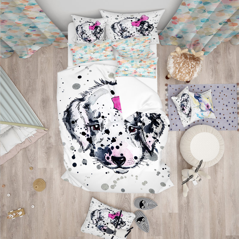 Funny Puppy with Pink Hair Band Twin Microfiber Duvet Cover Set