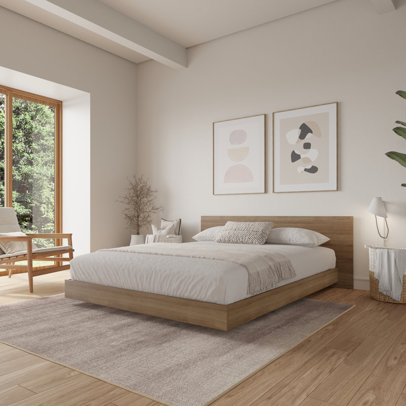 Satori King Size Low Profile Platform Bed With Headboard, Brown Oak, Brown, King