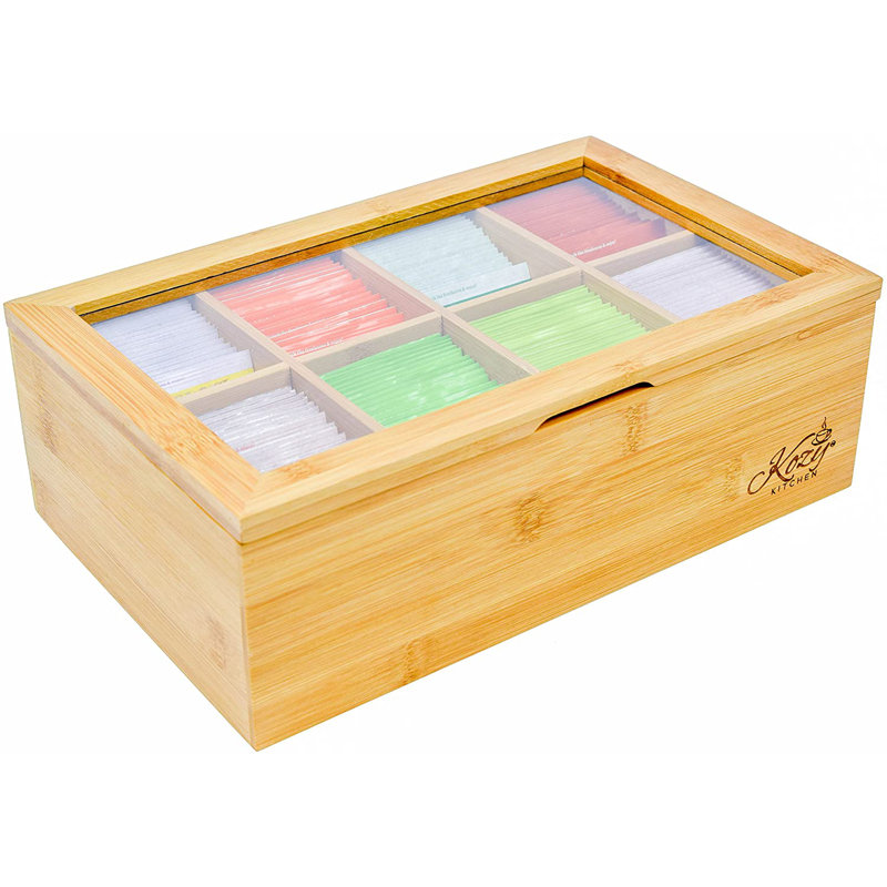 Large Bamboo Tea Box with Clear Hinged Lid and 8 Compartments