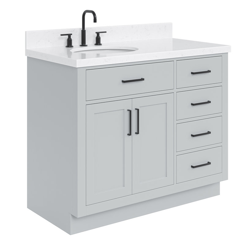 Meuble-lavabo simple en bois massif 42 po Tidworth avec plateau en quartz Carrara de 1,5 po, Gauche, Ovale, Gris