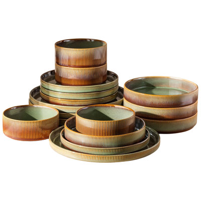  16 Pieces Porcelain Lightweight Plates And Bowls Sets, Ceramic Dinnerware Sets With Pasta Bowls For 4, Scratch Resistant Dish Set, Oven & Microwave & Dishwasher Safe, Sage Umber