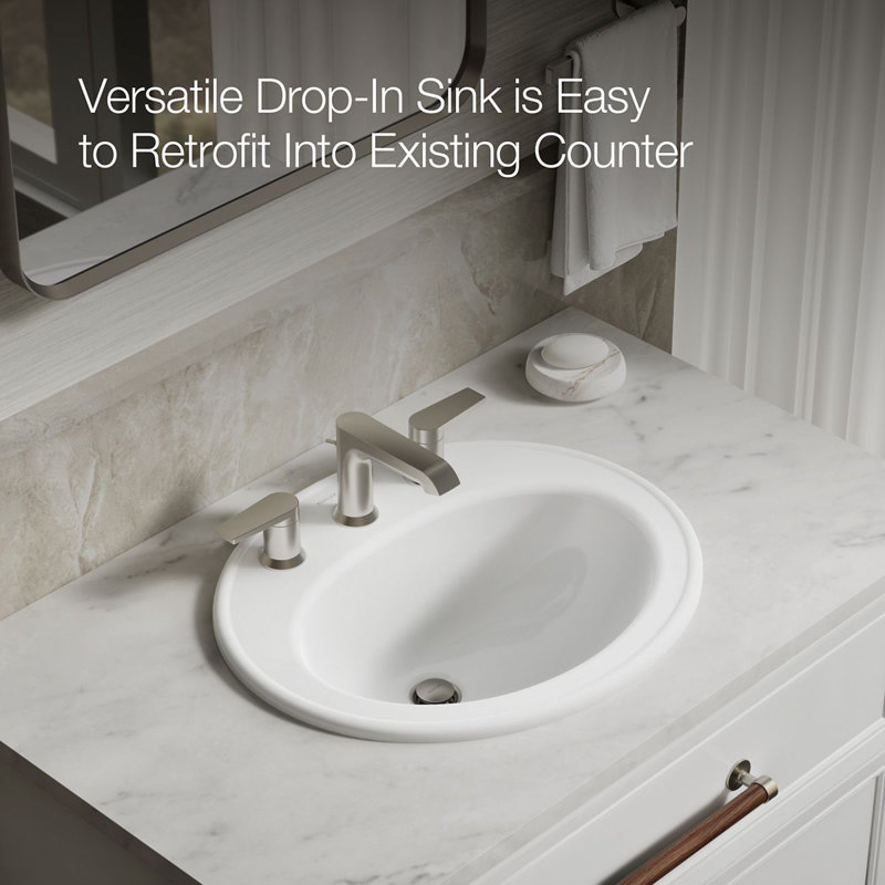 Pennington Ceramic Oval Drop-In Bathroom Sink with Overflow, White, 8'' Centers