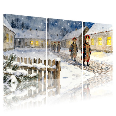 Scène de village de Noël avec neige et personnages, ensemble de 3 impressions sur toile