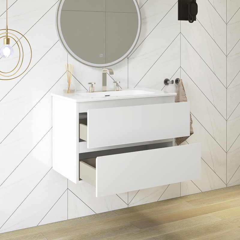 Meuble-lavabo mural 30 po avec comptoir en céramique blanche, Blanc