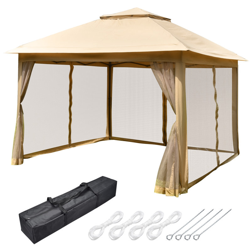 11x11ft Beige Pop-Up Gazebo Tent with Mesh Sidewalls