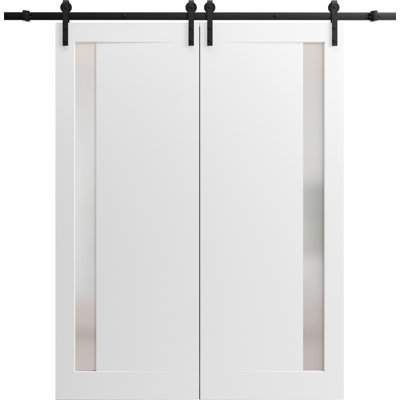 Portes coulissantes doubles de style grange avec quincaillerie Planum 0660, peintes en blanc avec verre dépoli, rail de 4 m (13 pi), ensemble robuste, panneau plein moderne, porte intérieure pour hall, chambre ou salle de bain - 163 cm x 244 cm (64 po x 96 po) (2 x 81 cm x 264 cm [32 po x 96 po]) - Rail noir