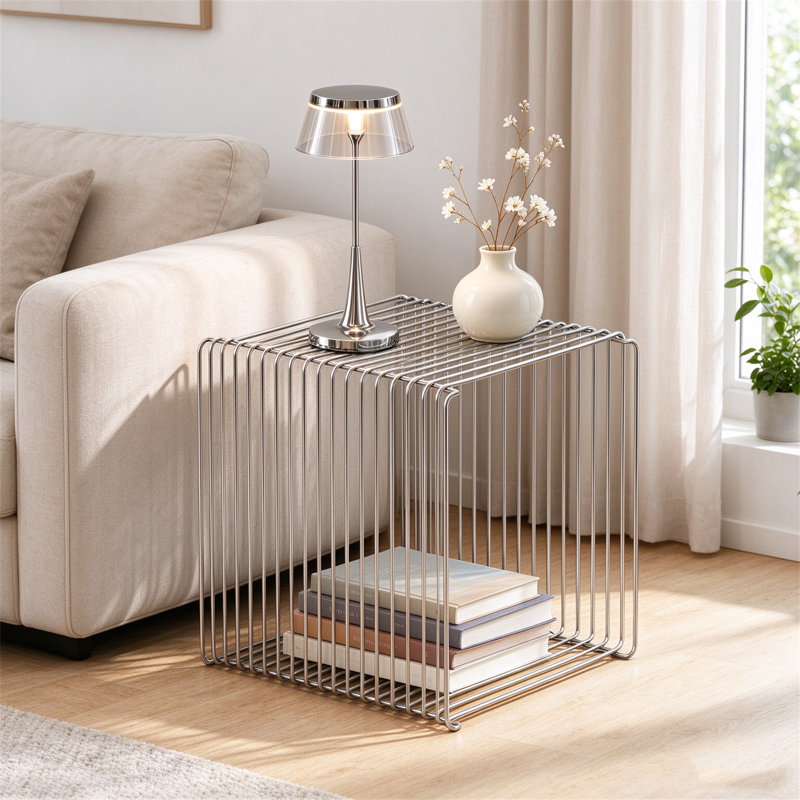 Modern End Table，Square Wrought Iron Sofa Side Table, Silver.