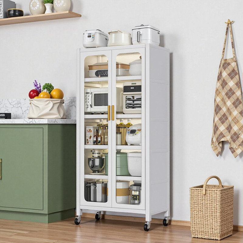Garde-manger 65 po en métal blanc avec portes en verre - Unité de rangement à 6 niveaux avec tablettes réglables et roulettes verrouillables pour la cuisine, le salon et la salle à manger