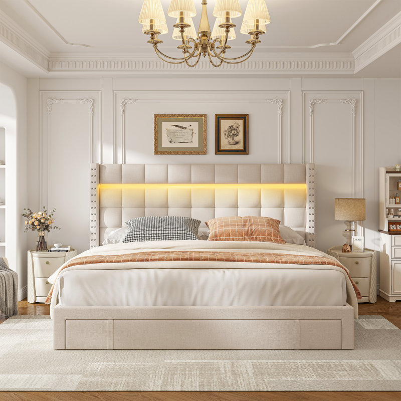 Upholstered Bed Frame With Adjustable Headboard,platform Storage Bed With 3 Drawers And Led Light, Beige, Queen