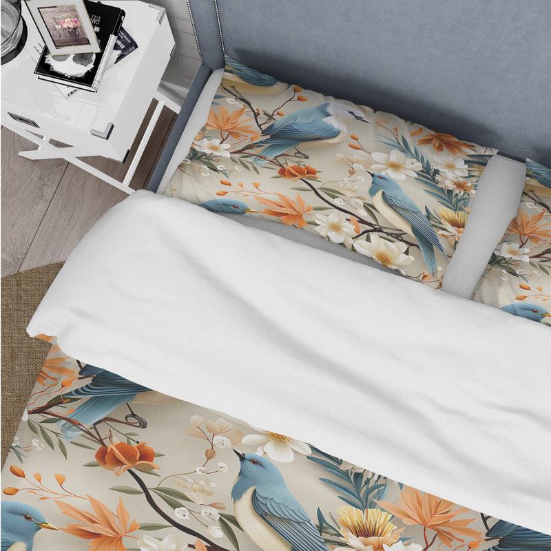 Ensemble de housse de couette bleu et beige, Housse de couette pour grand lit et 2 taies décor