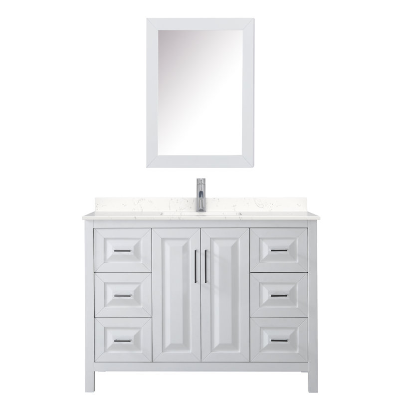 Ensemble de meuble-lavabo simple 48 po avec miroir Daria, Blanc, Marbre de culture de Carrare, Or brossé