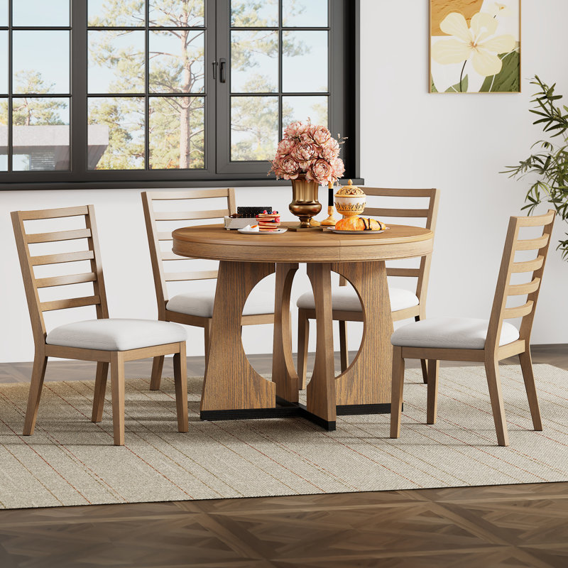 Hervey 5-Piece Retro Rustic Functional Dining Set Unique Geometric Design,Round Table Top with Leaf,dinning table set
