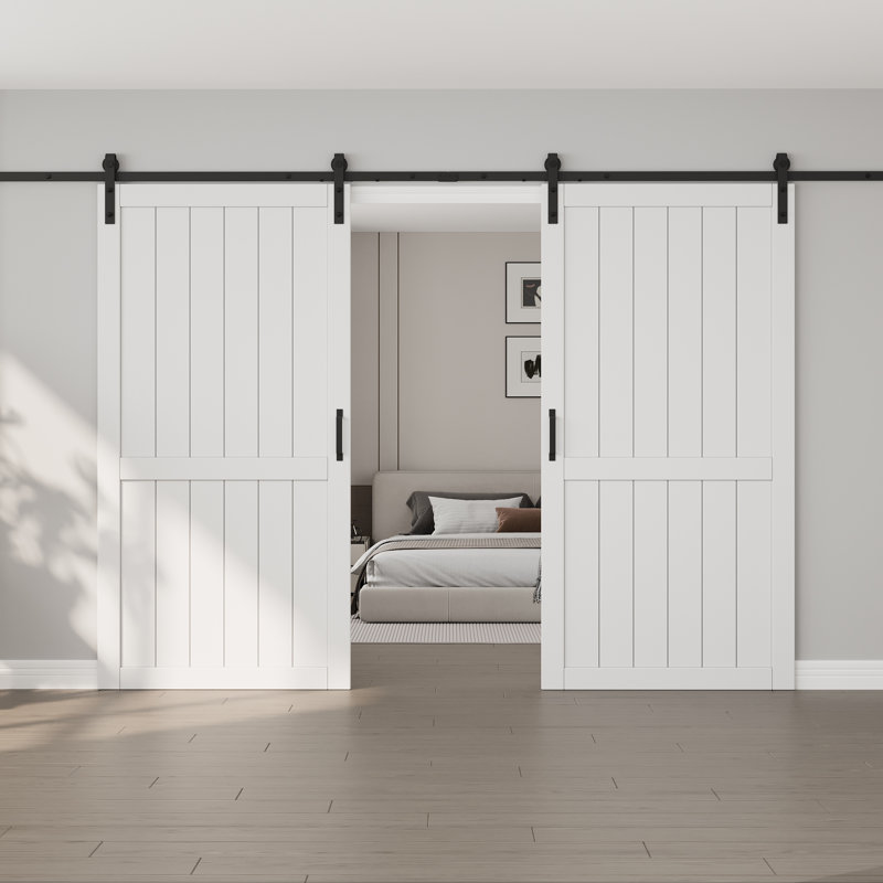 Porte de grange coulissante double 84 po H, 84 po x 84 po, Blanc, Standard