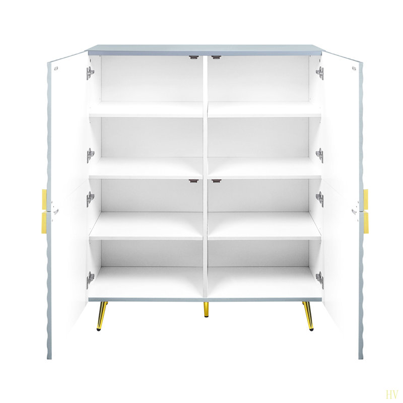 High Gloss Finish Accent Cabinet With Wave Pattern Design, Four Doors And Adjustable Shelves, Grey