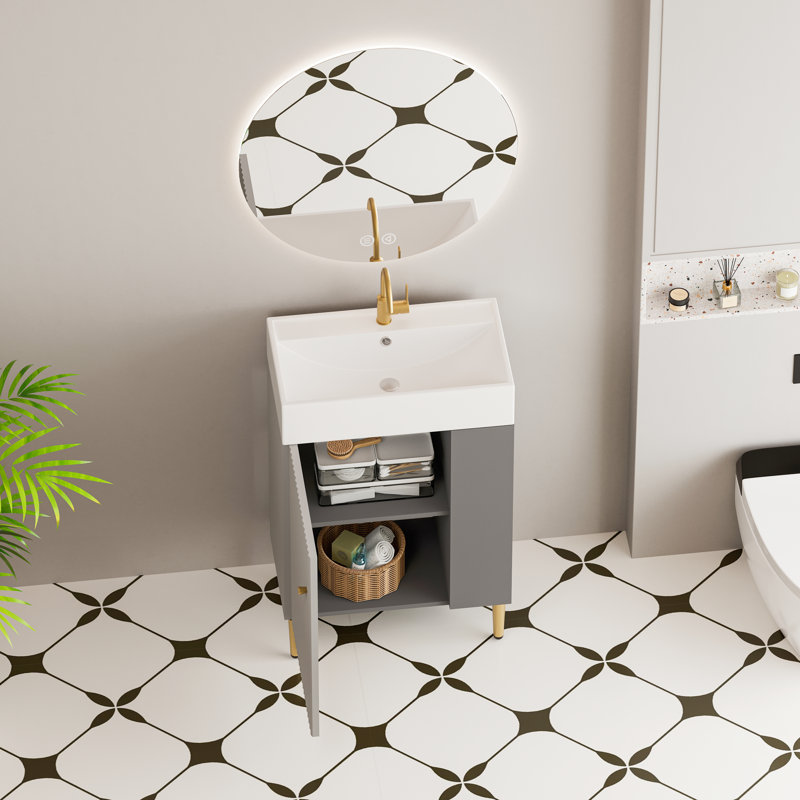 21.6" Freestanding Single Bathroom Vanity Set with Left Side Open Shelf, Ceramic Sink, Soft-Closing Door, Cloakroom Storage Cabinet, 3 Colors Option