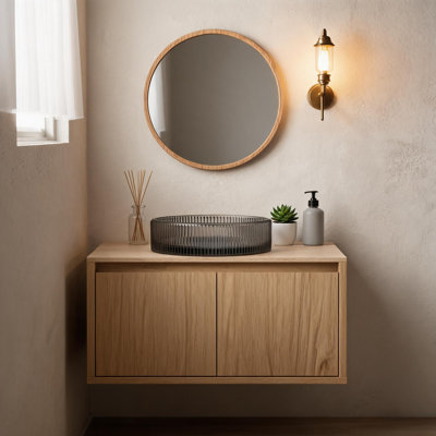 Vasque de salle de bain ronde en verre cristal noir transparent de 14 pouces avec rayures artistiques