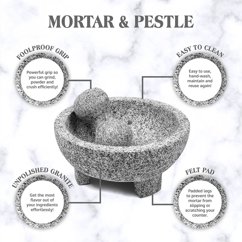 6-Inch Gray Granite Molcajete with Pestle for Grinding and Mashing